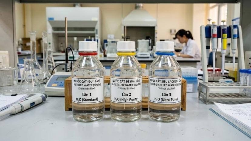 Bảng ba chai nước cất đại diện cho 1 lần, 2 lần và 3 lần đặt cạnh nhau trong phòng kiểm nghiệm