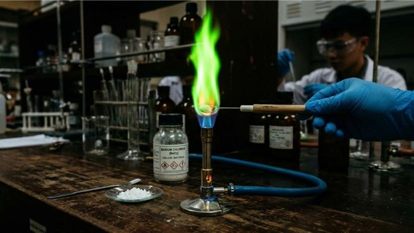 Ngọn lửa màu xanh lá cây đặc trưng khi đốt muối Bari Clorua trên đèn khí Bunsen