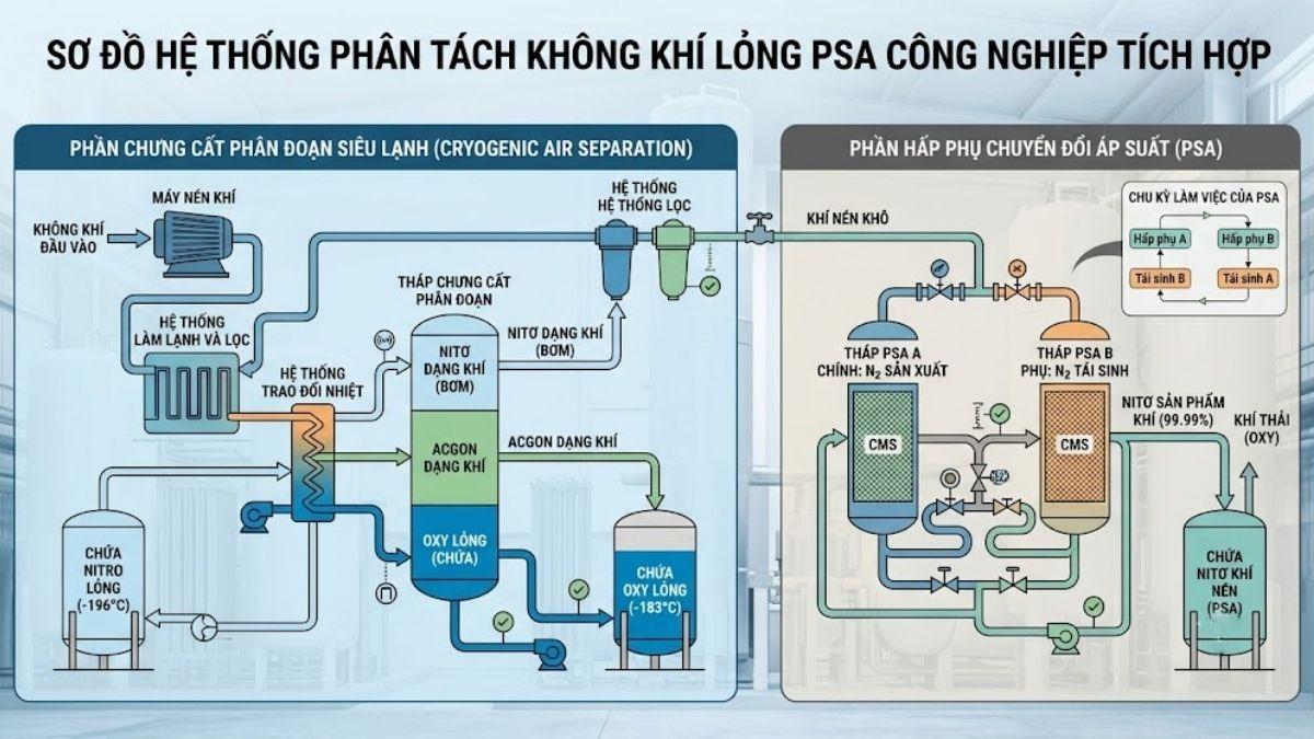 Sơ đồ hệ thống chưng cất phân đoạn không khí lỏng công nghiệp PSA