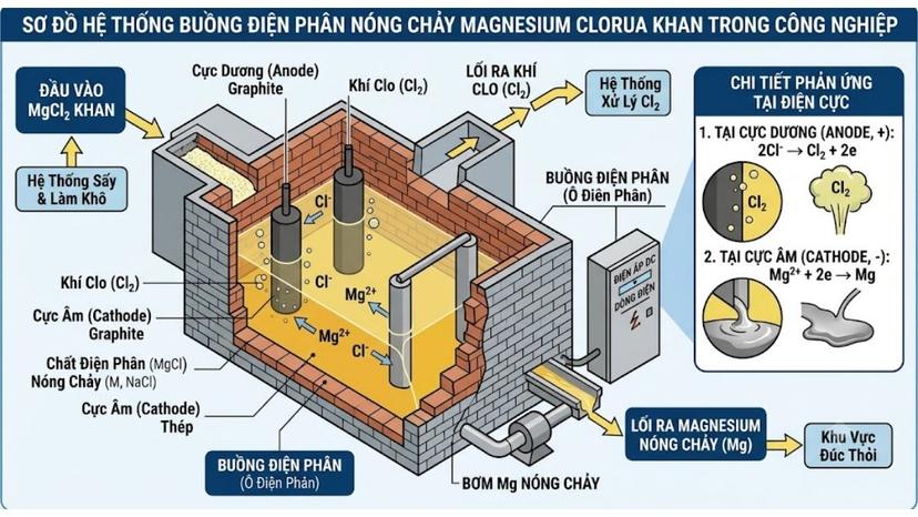 Sơ đồ hệ thống buồng điện phân nóng chảy Magnesium Clorua khan trong công nghiệp