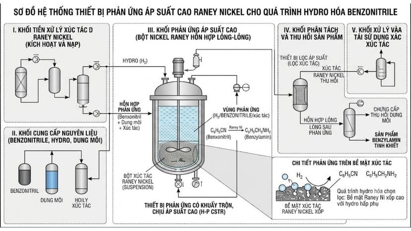 Sơ đồ hệ thống thiết bị phản ứng áp suất cao Raney Nickel dùng cho quá trình hydro hóa benzonitrile