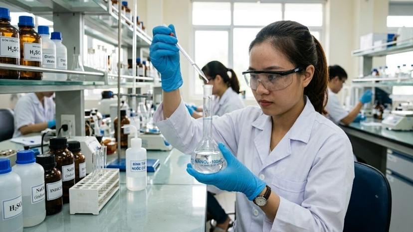 Thao tác định mức dung dịch sát vạch khum của bình định mức