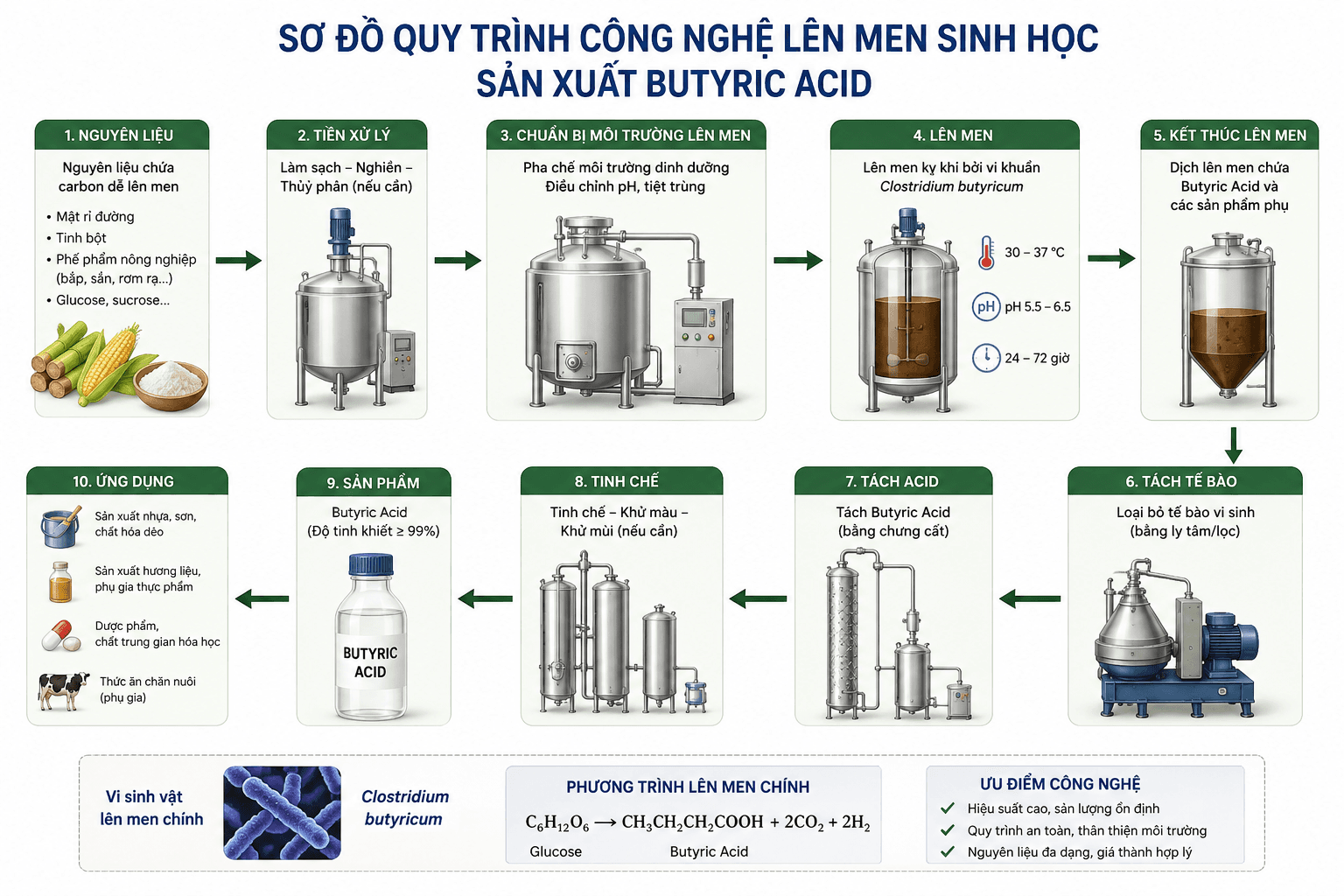 Sơ đồ quy trình công nghệ lên men sinh học sản xuất Butyric Acid