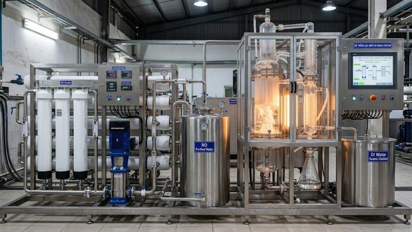 Hệ thống thiết bị lọc RO kết hợp máy chưng cất nước thạch anh tự động công suất lớn