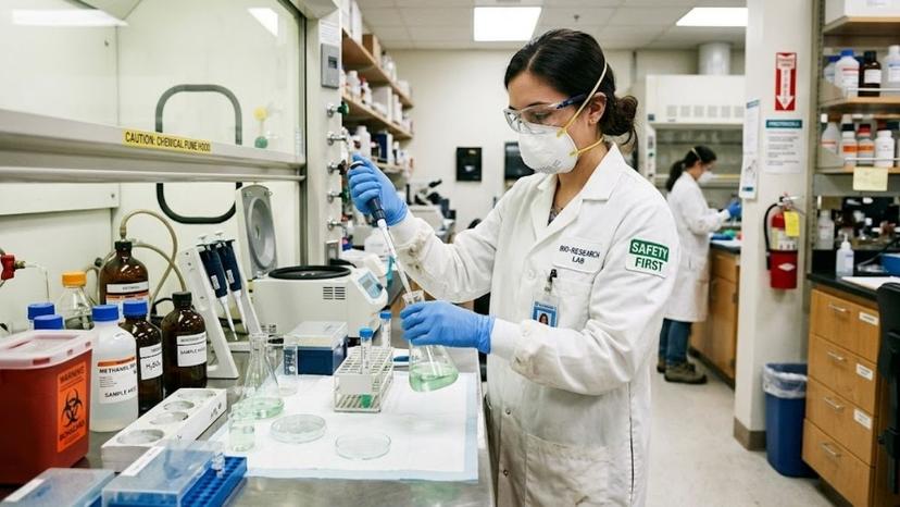 Nhân viên phòng lab mặc trang bị bảo hộ PPE thao tác với hóa chất Al(OH)3