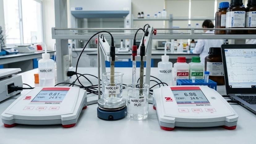 Thiết bị đo thông số lý hóa của nước cất như máy đo độ dẫn điện và máy đo pH để bàn