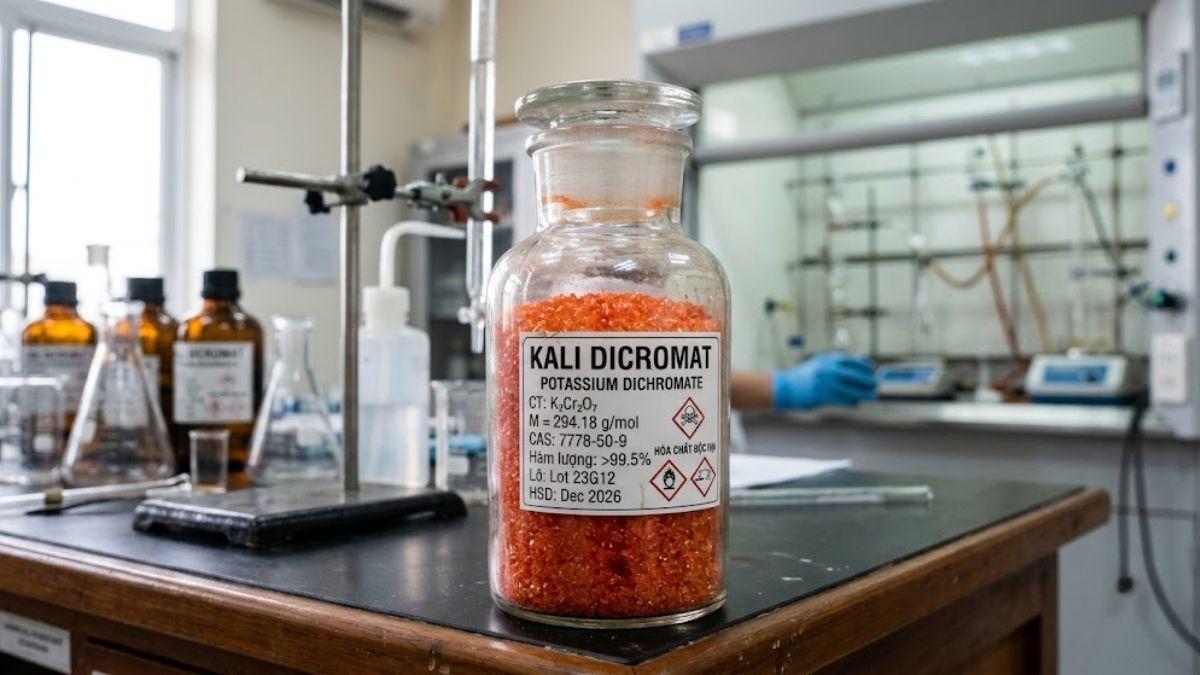 Tinh thể bột màu cam đỏ đặc trưng của Kali Dicromat trong chai chứa chuẩn phòng thí nghiệm