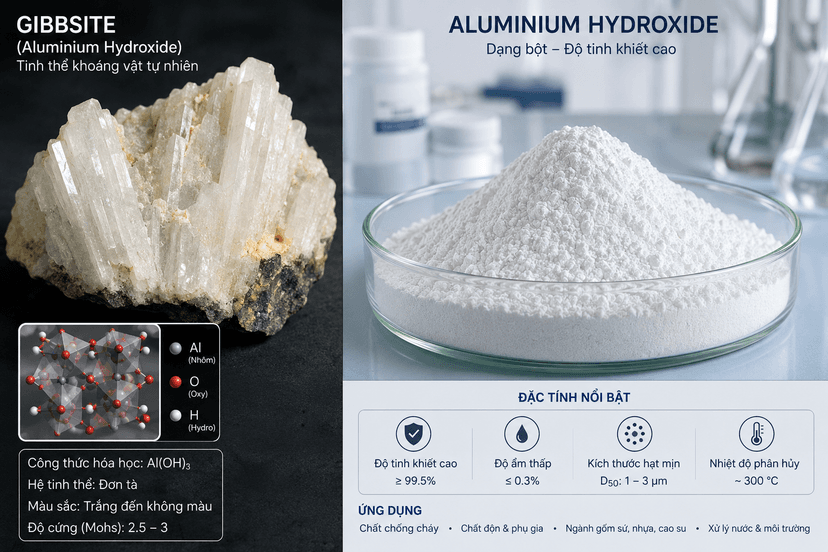 Minh họa tinh thể khoáng vật Gibbsite và dạng bột trắng Aluminium Hydroxide độ tinh khiết cao