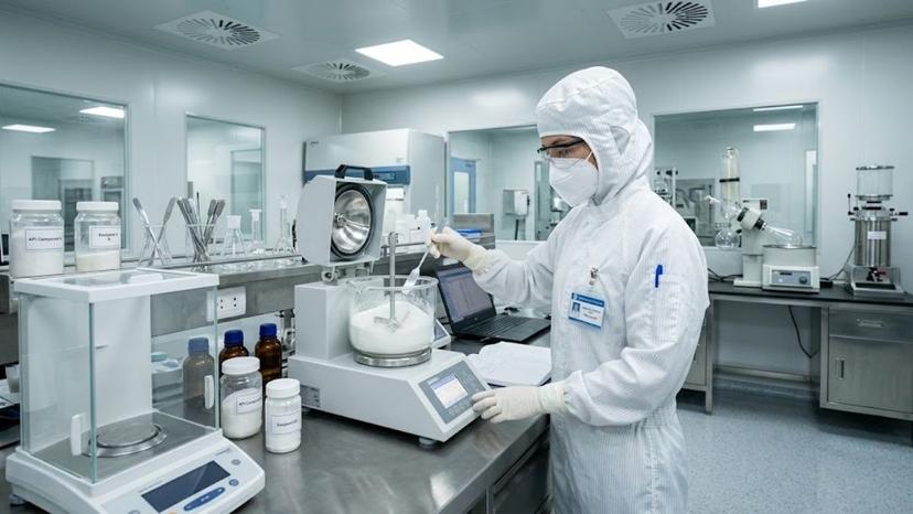 Kỹ sư R&D trong phòng sạch dược phẩm thực hiện phối trộn tá dược tổng hợp API