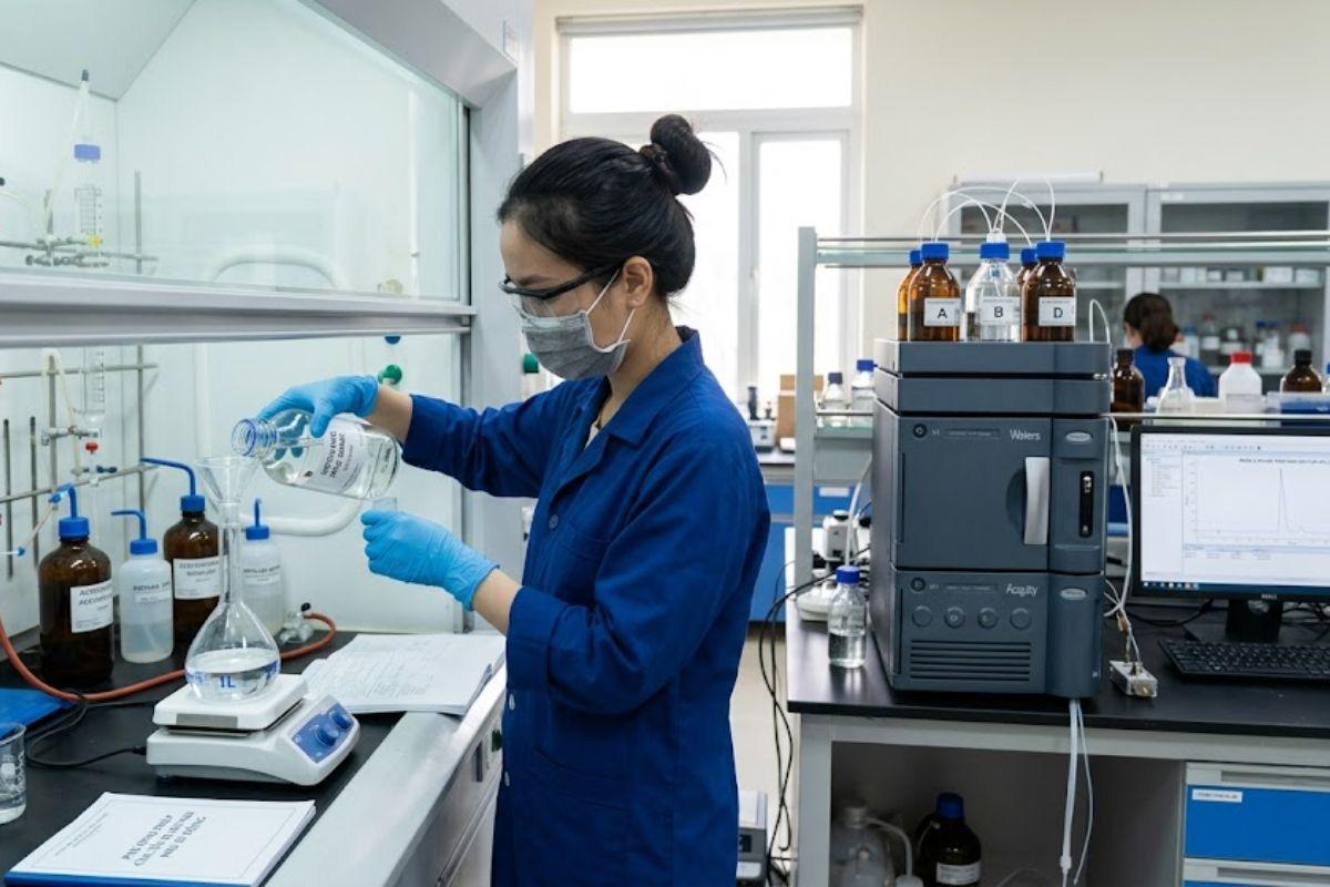 Nhân viên phòng lab trang bị đầy đủ PPE trang bị khẩu trang N95 và làm việc trong tủ hút khí độc