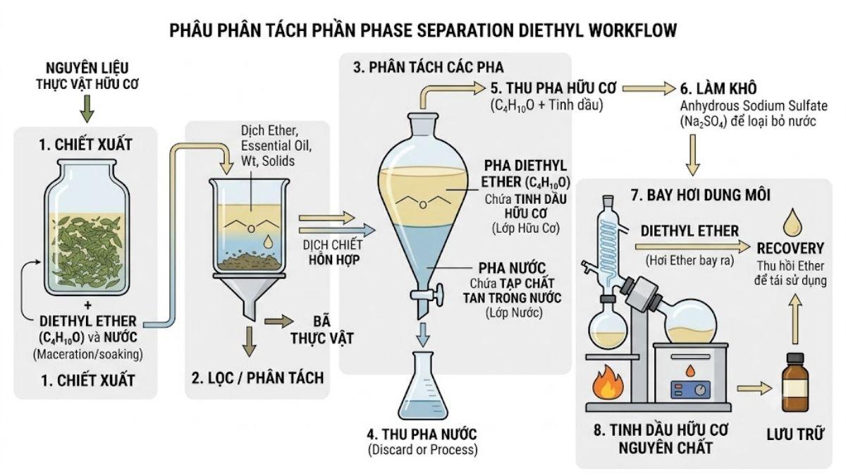 Sơ đồ dòng phân tách các pha ứng dụng diethyl ether trong quy trình chiết xuất tinh dầu hữu cơ