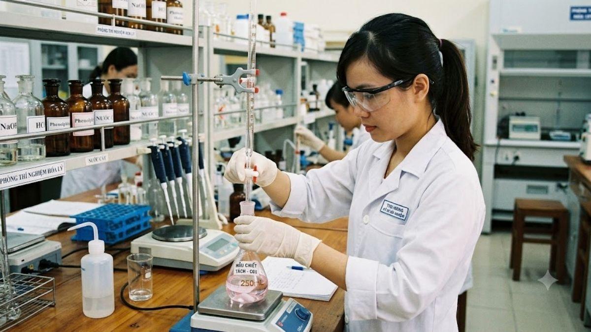 Kỹ sư hóa nghiệm sử dụng buret và bình định mức để chiết tách mẫu