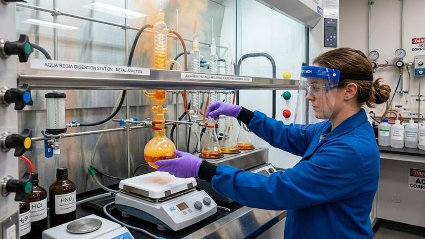 Kỹ thuật viên thao tác phá mẫu bằng nước cường toan trong hệ thống phân tích quặng kim loại