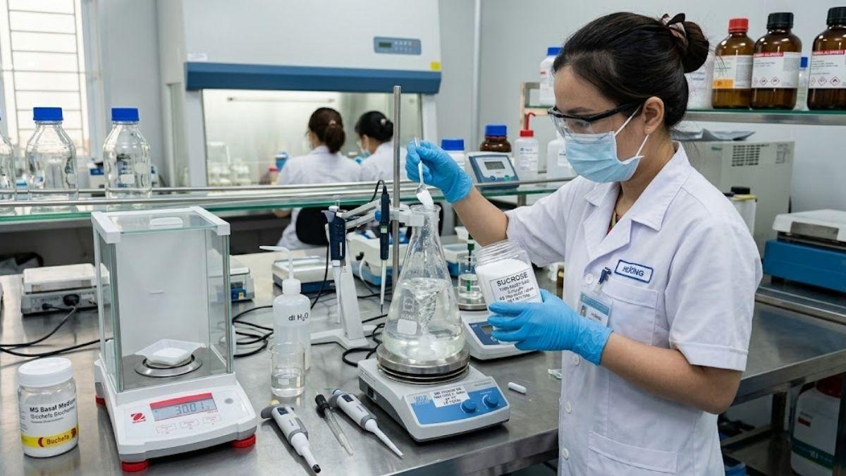 Kỹ thuật viên thao tác chuẩn bị môi trường nuôi cấy mô MS chứa Sucrose tinh khiết cao