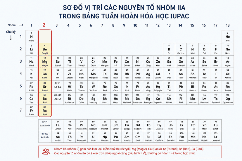 Sơ đồ vị trí các nguyên tố nhóm IIA trong bảng tuần hoàn hóa học IUPAC