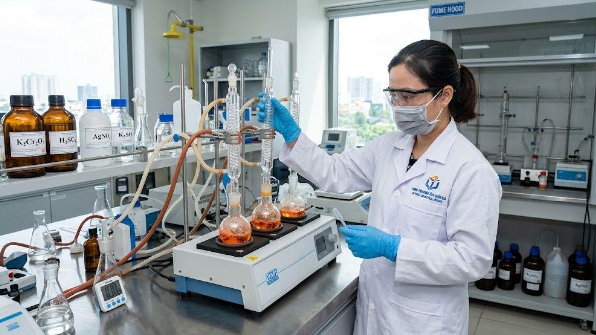 Kỹ thuật viên phòng thí nghiệm tiến hành đun hoàn lưu mẫu nước xác định chỉ số COD bằng Kali Dicromat