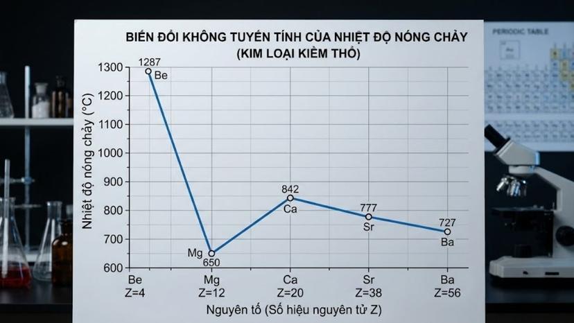 Đồ thị biểu diễn sự biến đổi không tuyến tính của nhiệt độ nóng chảy nhóm IIA