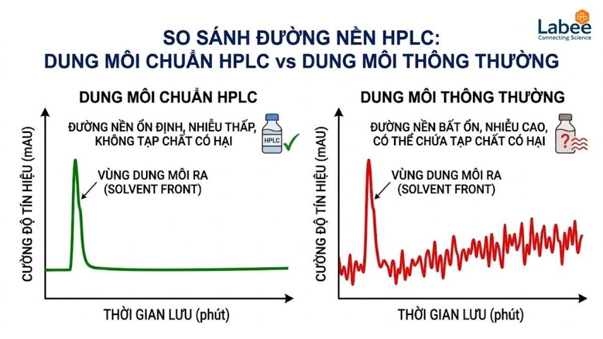 Biểu đồ sắc ký đồ so sánh đường nền giữa dung môi đạt chuẩn HPLC và dung môi thông thường