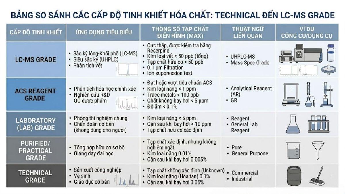 Bảng so sánh các cấp độ tinh khiết của hóa chất từ Technical grade đến ACS và LC-MS grade với các thông số tạp chất