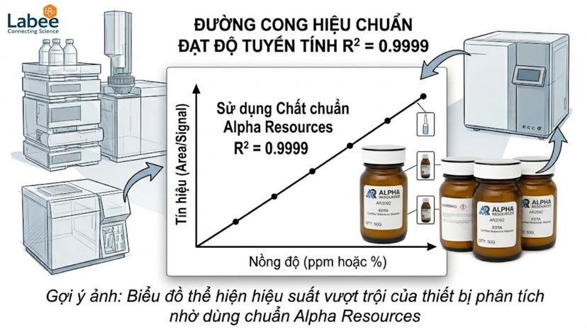 Biểu đồ đường cong hiệu chuẩn (Calibration Curve) của máy sắc ký hoặc máy phân tích nguyên tố đạt độ tuyến tính R^2 = 0.9999 nhờ dùng chuẩn Alpha Resources