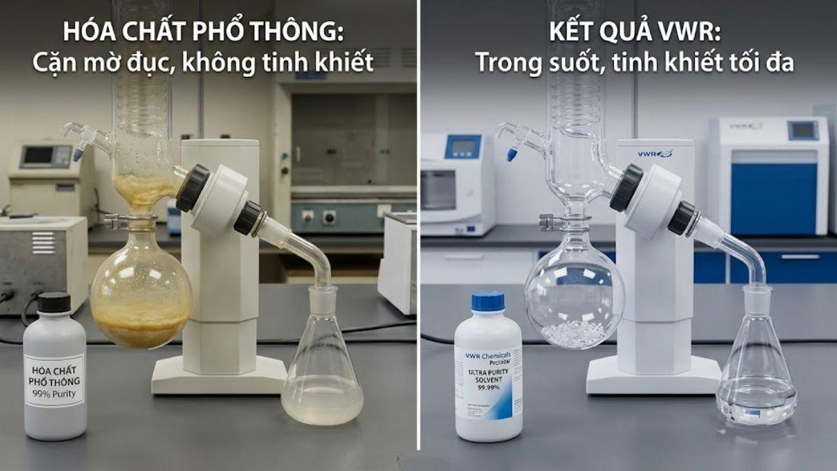 So sánh hai bình cầu cô quay chân không, một bên chứa cặn mờ đục từ hóa chất phổ thông, một bên trong suốt tinh khiết từ hóa chất VWR