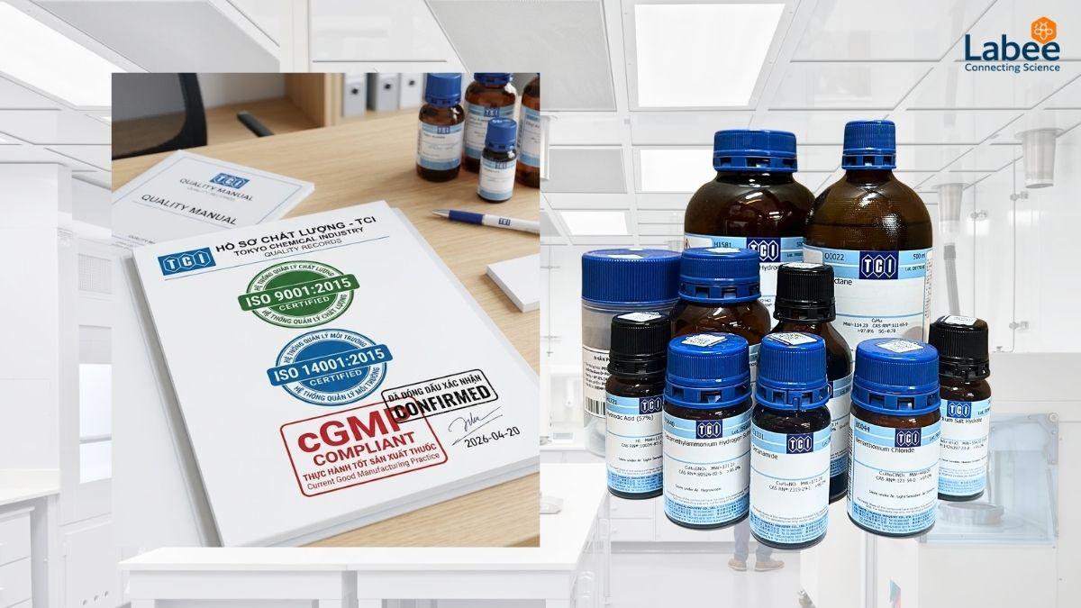 Chứng chỉ ISO 9001, ISO 14001 và cGMP được đóng dấu xác nhận trên hồ sơ chất lượng của TCI