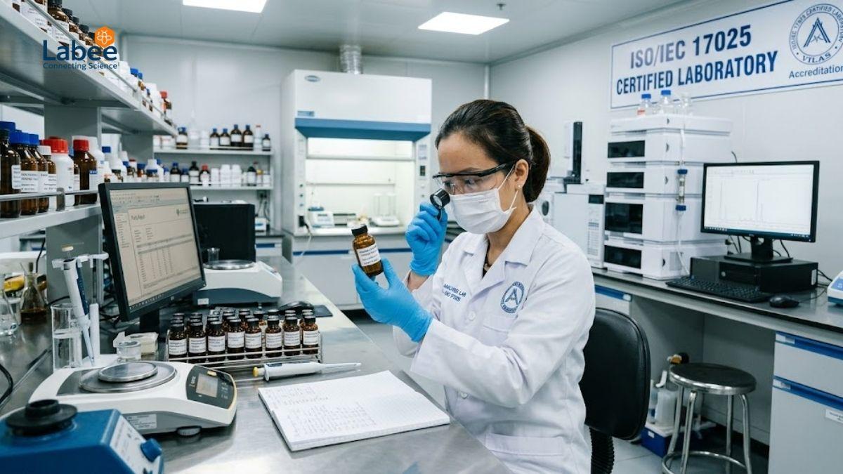 Chuyên gia phân tích đang kiểm tra các lọ hóa chất tinh khiết trong phòng lab đạt chuẩn ISO 17025