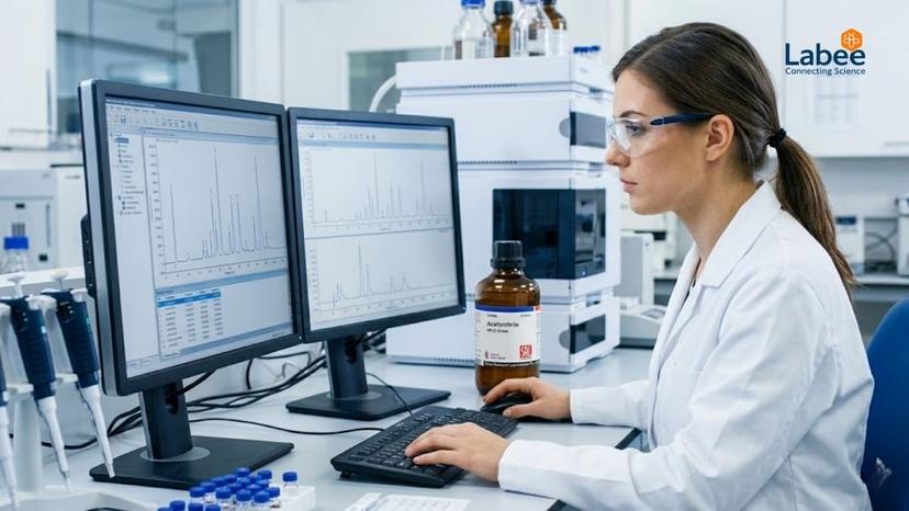 Một chuyên gia QA/QC đang kiểm tra kết quả phổ đồ trên màn hình máy tính, bên cạnh là một chai dung môi sắc ký của SRL