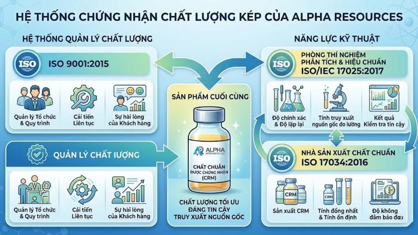 Biểu đồ thể hiện hệ thống chứng nhận chất lượng kép ISO 17034, ISO 17025 và ISO 9001 của Alpha Resources
