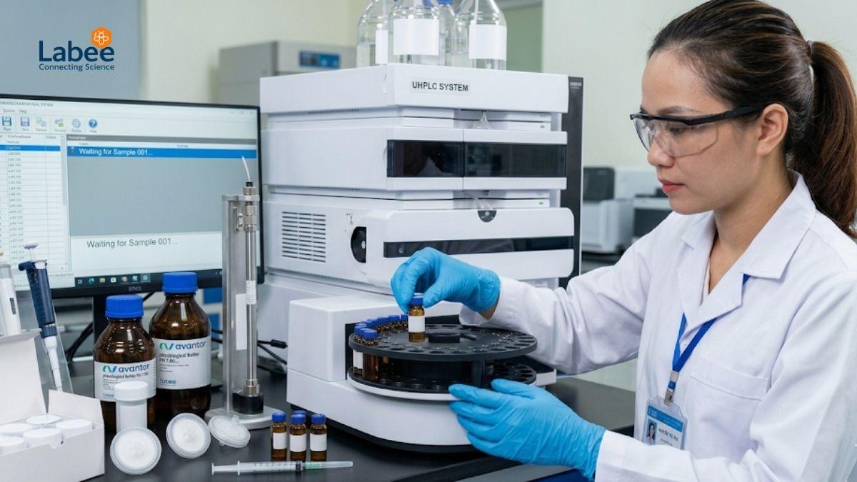 Hình ảnh các chai hóa chất và dung môi nhãn hiệu VWR đặt cạnh hệ thống máy sắc ký lỏng HPLC trong phòng lab