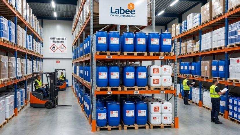 Hình ảnh kho hàng hiện đại của Labee với các thùng hóa chất SRL được bảo quản đúng tiêu chuẩn GHS trên kệ kệ kho