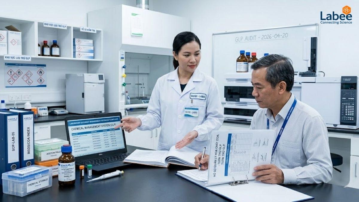Chuyên gia QA/QC đang trình bày hồ sơ quản lý hóa chất (COA, MSDS) tuân thủ GLP cho chuyên gia đánh giá Audit trong phòng thí nghiệm