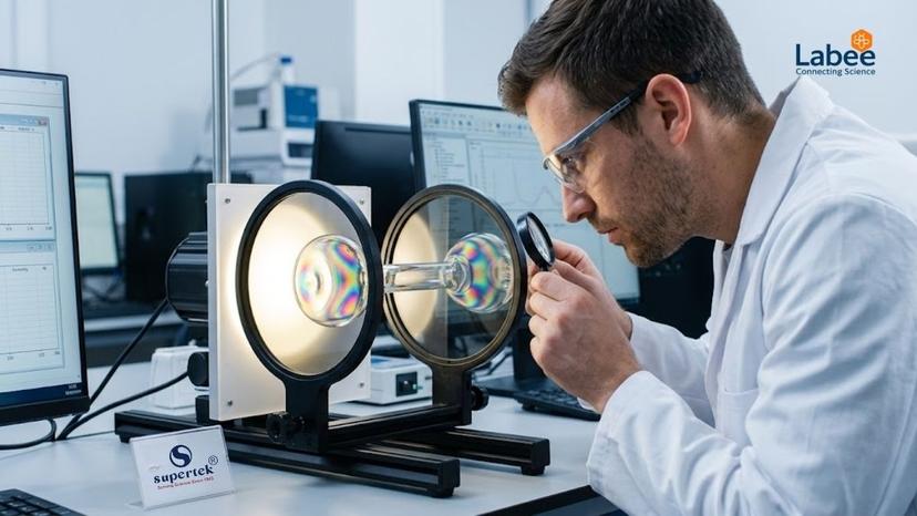Kỹ sư R&D đang kiểm tra độ đồng đều của thành bình định mức Supertek dưới ánh sáng phân cực