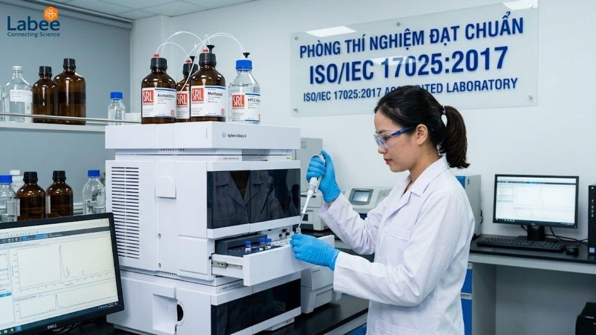Kỹ thuật viên QA/QC đang phân tích mẫu bằng máy HPLC tại phòng thí nghiệm đạt chuẩn ISO 17025 với hệ thống dung môi SRL.