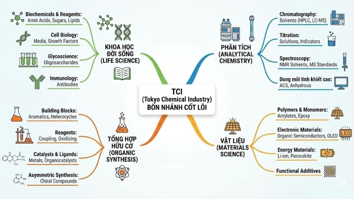 Sơ đồ mindmap chi tiết chia 4 nhánh cốt lõi của TCI: Khoa học đời sống, Phân tích, Tổng hợp hữu cơ và Vật liệu