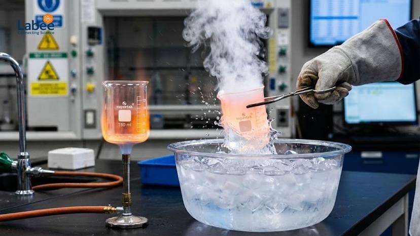 Quá trình thử nghiệm chống sốc nhiệt trên cốc có mỏ Supertek từ nguồn nhiệt cao sang bể nước lạnh đá