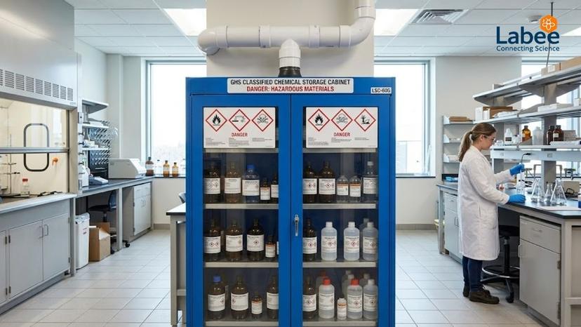 Tủ bảo quản hóa chất chuyên dụng trong phòng lab có trang bị hệ thống hút khí độc và nhãn phân loại GHS