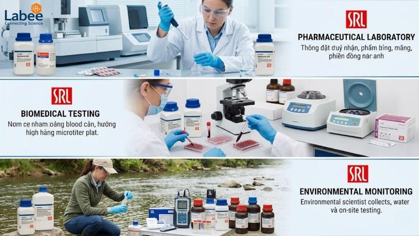 Hình ảnh ghép (collage) 3 bối cảnh: Phòng lab Dược phẩm, phòng xét nghiệm Y sinh, và trạm quan trắc Môi trường đang dùng hóa chất
