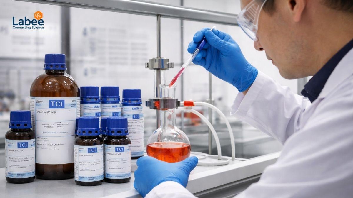 Kỹ sư hóa học đang thực hiện phản ứng tổng hợp trong tủ hút (fume hood) sử dụng hóa chất TCI