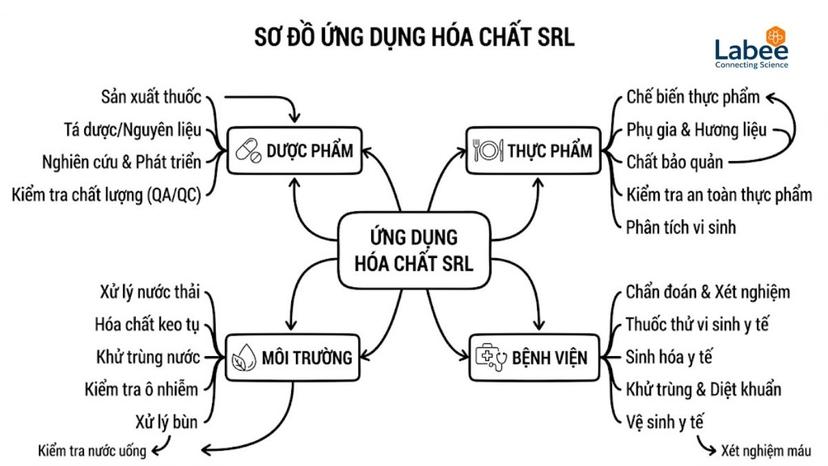 Bản đồ tư duy (Mindmap) thể hiện các ngành ứng dụng hóa chất SRL: Dược phẩm, Thực phẩm, Môi trường, Bệnh viện