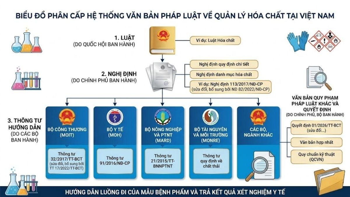 Biểu đồ phân cấp hệ thống văn bản pháp luật về quản lý hóa chất tại Việt Nam, từ Luật đến Thông tư hướng dẫn