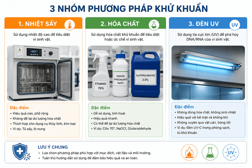 Minh họa 3 nhóm phương pháp khử khuẩn: Nhiệt sấy, Hóa chất và Đèn UV