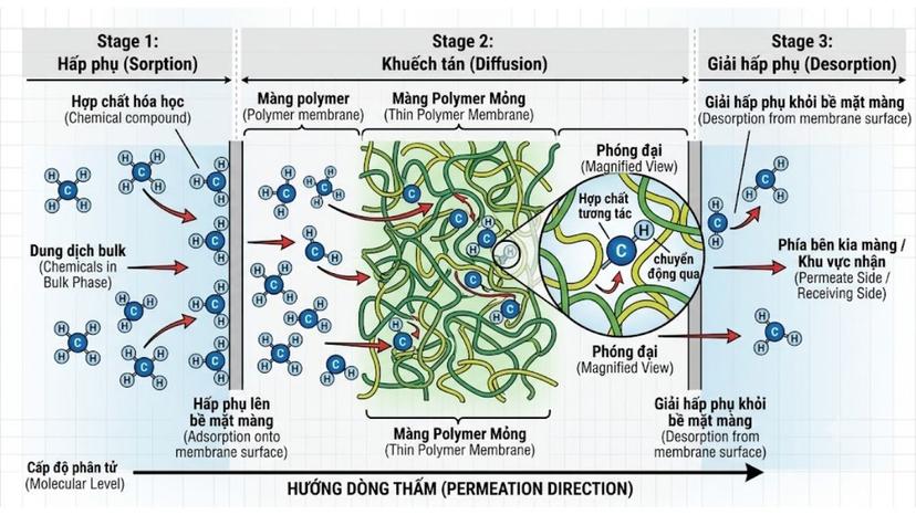 Sơ đồ cơ chế thấm qua hóa chất ở cấp độ phân tử của màng polymer mỏng