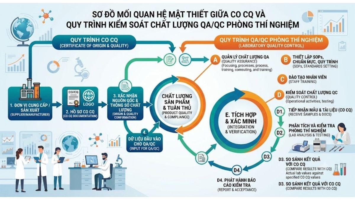 Sơ đồ mối quan hệ mật thiết giữa CO CQ và quy trình kiểm soát chất lượng QA/QC phòng thí nghiệm