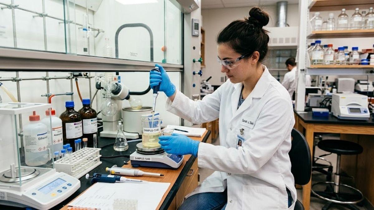 Kỹ thuật viên sử dụng găng tay bảo hộ Nitrile trong phòng thí nghiệm hóa học
