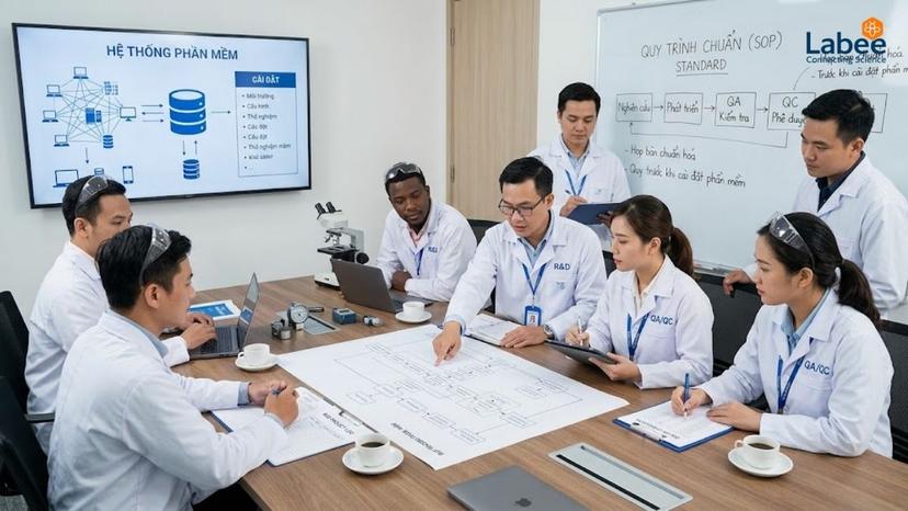 Hình ảnh các kỹ sư R&D và QA/QC đang họp bàn chuẩn hóa quy trình SOP trước khi cài đặt hệ thống phần mềm