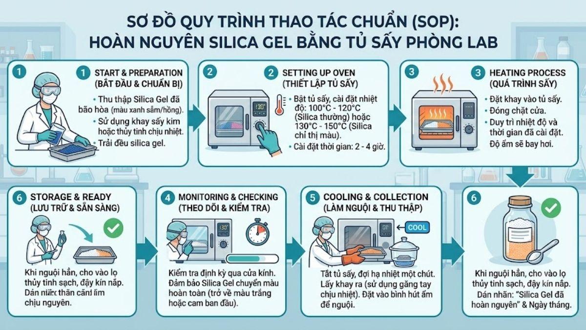 Sơ đồ Quy trình thao tác chuẩn (SOP) hoàn nguyên Silica Gel bằng tủ sấy phòng lab