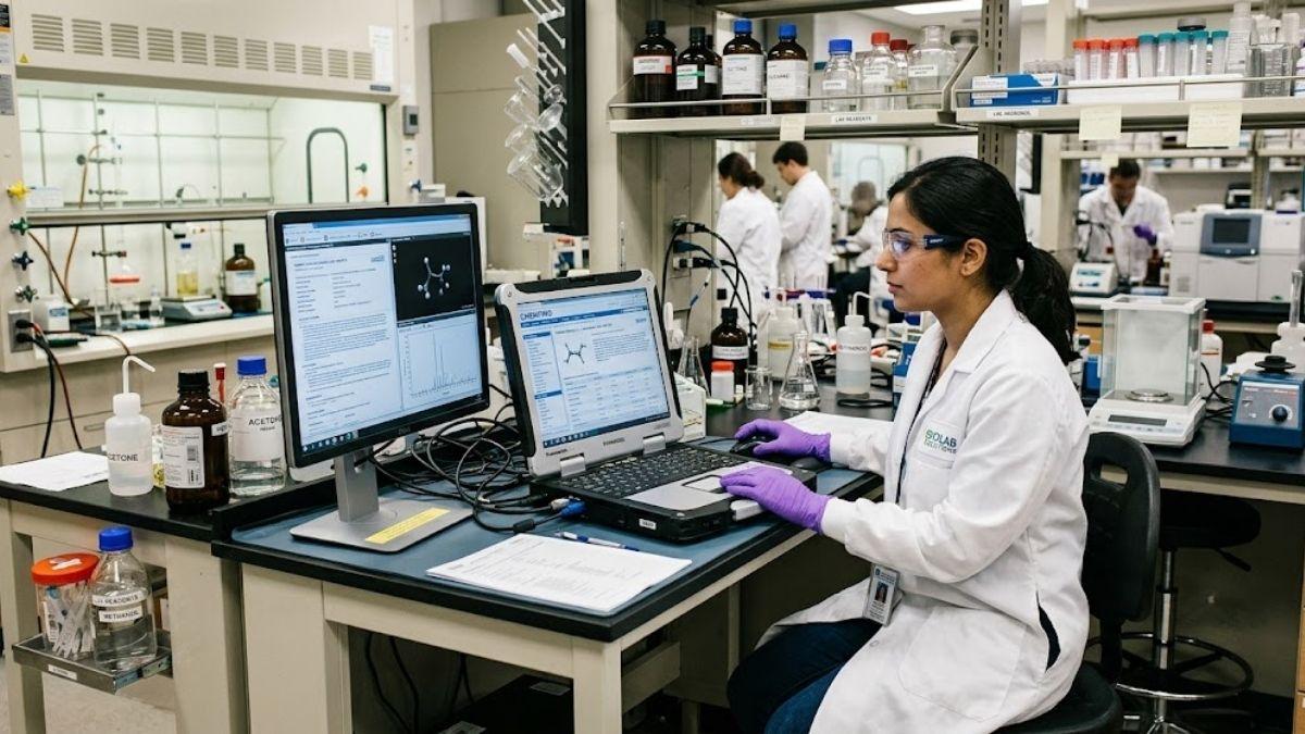 Thao tác tìm kiếm thông tin hóa chất trên máy tính chuyên dụng phòng lab