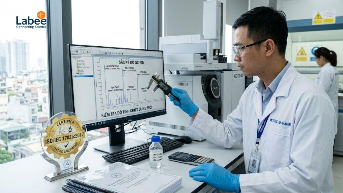 Kỹ sư hóa học đang phân tích biểu đồ sắc ký đồ GC-FID để kiểm tra độ tinh khiết dung môi