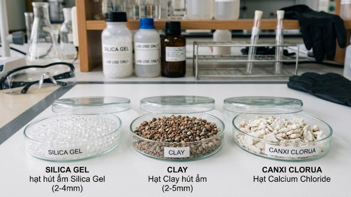 Các mẫu hạt hút ẩm Silica gel, Clay và Canxi Clorua đặt trong đĩa petri phòng thí nghiệm